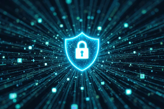 Cybersecurity illustration with shield and network elements