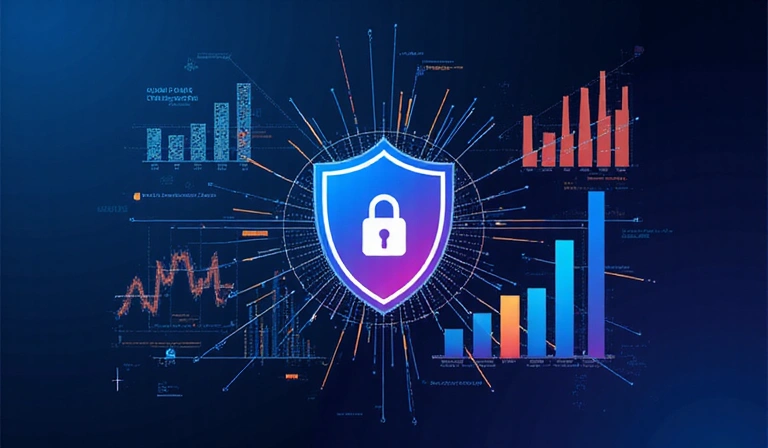 Data analysis and security illustration with graphs and shield icon